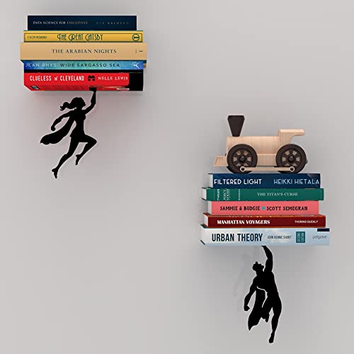 Image of Floating Bookshelf - Wonder&Supershelf - Invisible Hanging Wall Shelf Set | Hero and heroine designs together as a comic decor accent with no visible mounting hardware