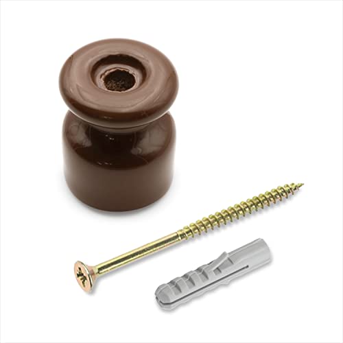 Miniatura 4 de Amarcords - Cilindro Del Cable Con Tornillos Y Tacos. 10 Aisladores De Porcelana Marrón De La Vendimia Del Color Para La Instalación De Cables De La Pared De La Trenza.