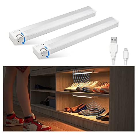 SIBI Motion Sensor LED Light, Large Wide-Angle Sensor Under Cabinet Lights, USB Rechargeable Lights for Wardrobe, Closet, Stair, Under Cupboard Lighting, Warm White 3000K, 2 Pack Cover