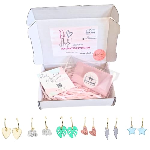 ARETES MÁGICOS 6 pares de pendientes con diseños variados adorables – colores vivos y aro dorado, Piezas ligeras de metacrilato – corazón – rayo – estrella - nube - hoja