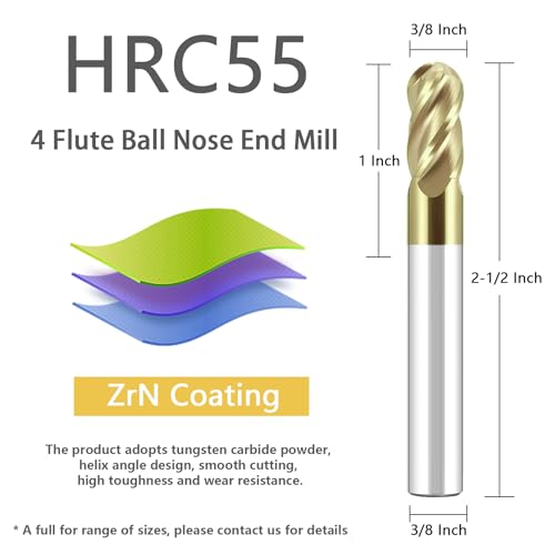 Image of 3 /8 inch Solid Carbide Ball Nose End Mill 4Flute End Mill Bits Set with ZrN Coated for Alloy Steels, Hardened Steels