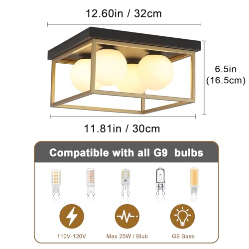 Image of Flush Mount Ceiling Light, 12.6 inch Close to Ceiling Light Fixtures with Globe Glass Shade, 4-Light Black and Gold Light Fixture for Living Room Dining Room Bedroom Kitchen Hallway Entryway