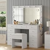 FUSOU Vanity Desk with Power Outlet, Makeup Vanity with Mirror and 12 LED Lights, 3 Lighting Modes, 11 Drawers Vanity Table with Chair, Glass Top, Dressing Table for Bedroom,Dressing Room, White - Image 2