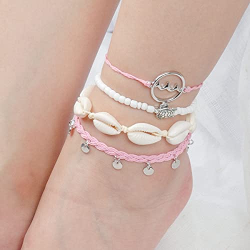Caiyao 4 Pcs Summer Surfer Wave Anklet Bracelets Adjustable Strand Braided String Rope Bracelets Waterproof Handmade Sunflower Bracelets Anklets Jewelry For Women Teen Girls/Pink Shell #TOP1