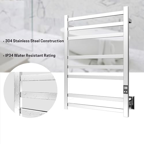 Image of 8-Bar Towel Warmer Rack, Polished Stainless Steel | Polished 304 stainless steel, LED display, 115-155F temp control, 1-24H timer, plug-in or hardwired install