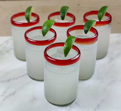 Hand Blown Mexican Drinking Glasses - Set Of 6 Glasses With Red Rims (14 Oz Each) #TOP1