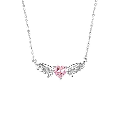 Dreuyet Pink Heart Necklace for Women Dainty Cute Y2k Silver Clear Crystal Heart with Arrow Pendant Choker Necklace Aesthetic Jewelry (Angle Wings)