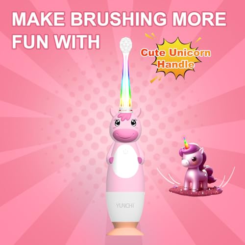 YUNCHI K3 Elektrische Zahnbürste Kinder ab 0-6 Jahre Baby mit buntem LED Licht Smart Timer Kinderzahnbürste Elektrisch Kleinkind Schallzahnbürste mit 4 Weiche Bürstenköpfe (Rosa Einhorn) – Bild 5