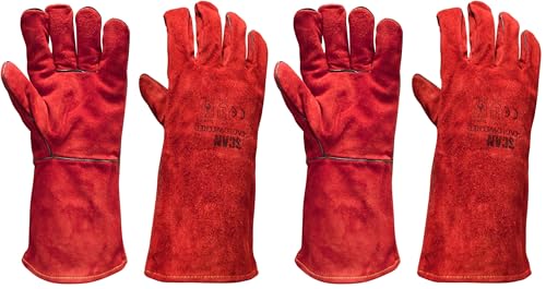 Image of Scan SCAGLOWELRED Welders Gauntlets, Red, 35cm (14in) Cowsplit leather with Kevlar Stitching, Heat Resistant (Pack of 2)