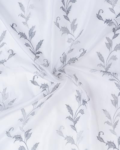 Image of (5 Ft Embroidered Tissue Curtain | Leaf Plant Design Grommet Curtains Window Curtain |Vintage Classical Floral Print | For Home | Grey & White (Pack Of 2) | 152 L X 121 W Centimeters
