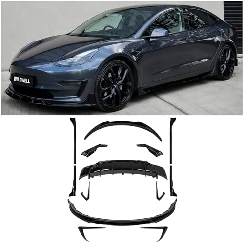 WildWell Full Body Kit For 2017-2023 Tesla Model 3, Rear Spoiler, Rear Diffuser, Front Lip, Side Skirts, Fog Light Trims Model 3 Accessories Glossy Black