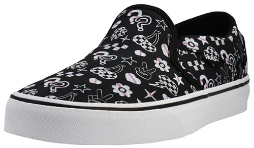 Vans Women's Asher Slip-On Shoe | Comfortable Sneakers for Walking, Fashion & Everyday Wear, Iridescent Doodle Black, 11