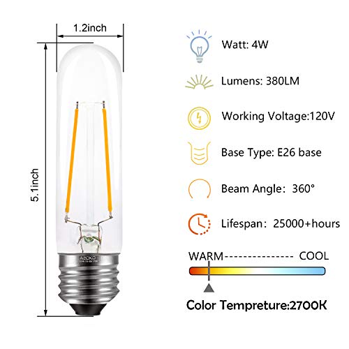 T10 Edison LED Tube Bulbs - Warm White, 2700K, Dimmable - Vintage Style, 4W Equivalent to 40W Incandescent, E26 Base, 3 Pack for Pendant Lights & Desk Lamps