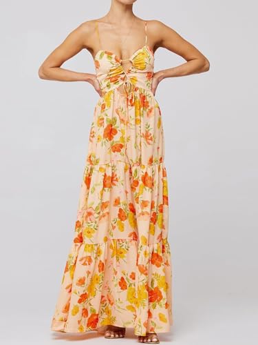 Image of Womens Summer Floral Spaghetti Strap Backless Low Cut Smocked Milkmaid Flowy Beach Sundresses