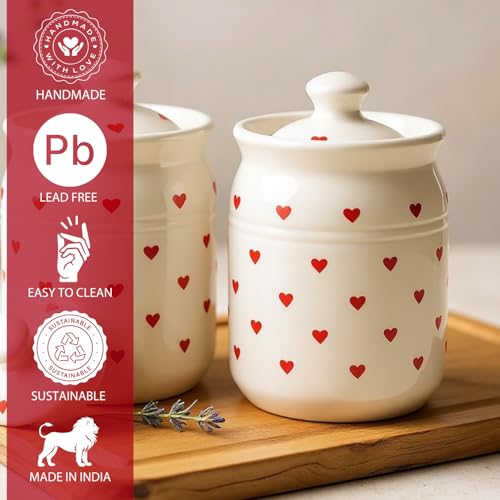 Image of Heart Print Ceramic Handglazed Pickle Jars Set of 2-1000 ML Each | 1 kg Achaar Martban Barni Jar with Lid | Ceramic Storage Jar Container Pickle /Achar, Chatney