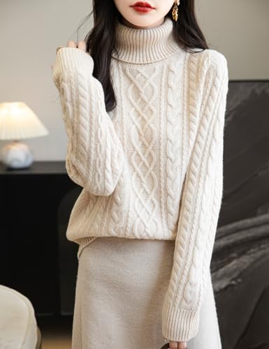Image of Chanyarn Women's 100% Merino Wool Turtleneck Sweater 2025 Fall Winter Casual Cable Warm Soft Long Sleeve Knit Sweater