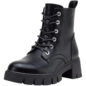 Women's Lace-Up Combat Ankle Boots with Chunky Platform Heel | Comfortable military-style booties, side zipper and memory foam insole, for city days, concerts and relaxed fall outfits 10 Bla