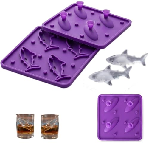 Saewrty Shark Silicone Ice Mold Reusable BPA Free Easy Release Trays Slow Melting Shark Shapes for Whiskey Cocktails Juice Coffee Stackable Ice Cube Molds for Freezer (Purple)