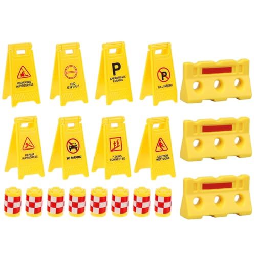 MUSISALY Ensemble Jouet de Simulation de Barrages Routiers et Panneaux de Signalisation pour Garçon et Filles 19 Pièces Plastique Léger Jaune Éducatif Apprentissage Sécurité Routière