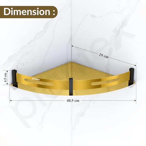 Image of Plantex Bathroom Corner Rack for Wall /Stainless Steel Shelf for Bathroom Corner with Railings /Bathroom Accessories Holder (12x12 inches, PVD Gold & Black)