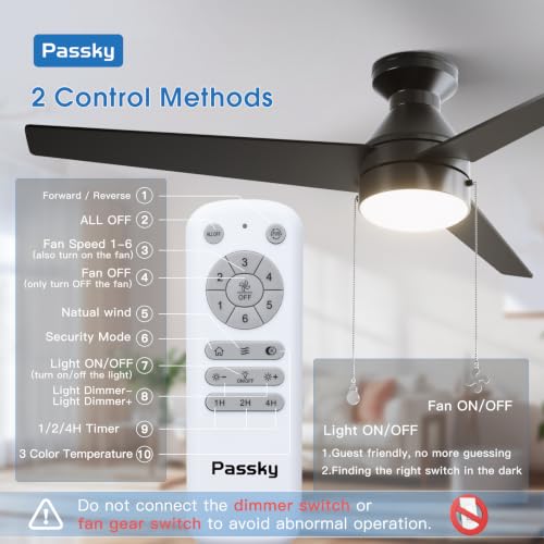 Image of Passky Ceiling Fans with Lights, 52 inch Low Profile Ceiling Fan with Pull Chain and Remote Control, Flush Mount, Reversible, 5CCT, Dimmable, Noiseless, Black Pull Cord Ceiling Fan for Bedroom