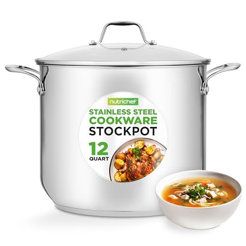 NutriChef 12-Quart Stainless Steel Stockpot – 18/8 Food Grade Heavy-Duty Induction-Compatible Pot with See-Through Lid, Ideal for Stews, Broths, Simmering & Soups, Dishwasher Safe – NCSP12