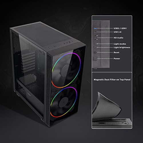Gabinete para PC Gaming Mid-Tower con panel lateral de vidrio templado, incluye 2 ventiladores ARGB de 200 mm, GAMEMAX Black Hole miniatura 6
