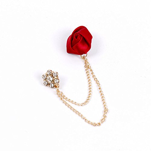AKOAK Cute Charm Red Ribbon Rose Rhinestone Flower Gold Plated Alloy Chain Cravat Pin Brooch Collar Clip Jacket Chain