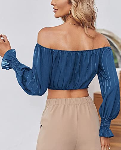 MIRACMODA Womens Elegant Off The Shoulder Puff Sleeve Blouse Summer Chiffon Slim Fit Party Crop Top