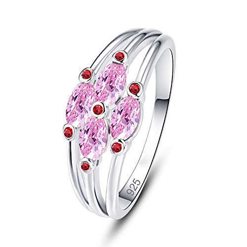 Emsione 925 Sterling Silver Plated Created Pink Topaz 4 Stone CZ Oval Cut Triple Row Eternity Promise Ring Engagement Wedding Bands for Women Size 6