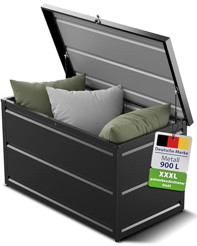 Gartenzeit® Auflagenbox 900 L (148×83×82 cm) – XXL Gartenbox aus pulverbeschichtem Stahl RAL 7016, wetterfest, wasserdicht & abschließbar, als Sitzbank nutzbar, Outdoor Kissenbox für Polster