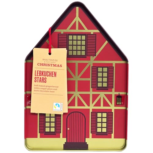 Christmas Lebkuchen Stars Cookies 250g Waitrose, Soft Baked Gingerbread with Sugar Glaze and Dark Chocolate Base, Fairtrade Cocoa, Decorative House Tin