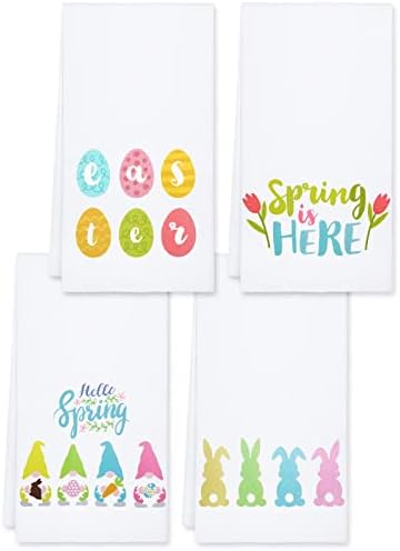 4 Pieces Happy Easter Kitchen Towels Easter Bunny Eggs Rabbit Hand Towels Easter Gnomes Kitchen Towels Holiday Spring Cloth Dish Towels for Cooking Baking