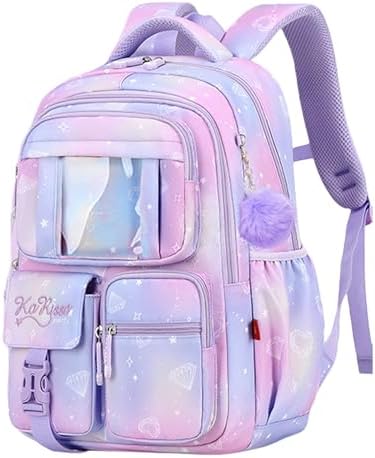 Cute School Backpack for Teen Girls Kawaii Waterproof Large Capacity Bookbag for Kids Elementary Middle School Preppy Aesthetic Book Bag with Cute Accessories for Ages 6-8 8-10 10-12 (Purple)
