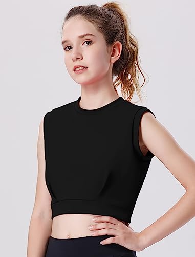 Image of EXARUS Girls Tank Tops Dance Workout Athletic Crew Neck Sleeveless Elastic Waist Gym Crop Top Teen