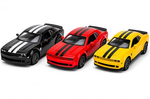 Image of Dodge Challenger SRT Hellcat Diecast Toy Car 1:36 Scale Pull Back Model Car with Sound & Lights, Openable Doors & Hood, Zinc Alloy Metal Muscle Car for Kids Boys Collectors