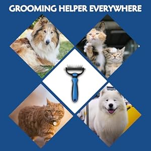 Pet Grooming Brush, 2 Sided Undercoat Rake for Dogs & Cats，Shedding Brush for Long matted Haired Pets, Effective Dematting Mats&Tangles Removing (Blue)