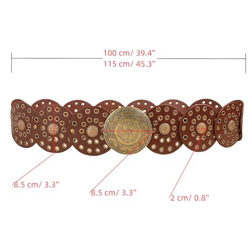 Women's Y2K Hollow Wide Disc Belt Boho Floral Leather Belt Western Cowboy Chunky Metal Buckle Concho Waist Belts3