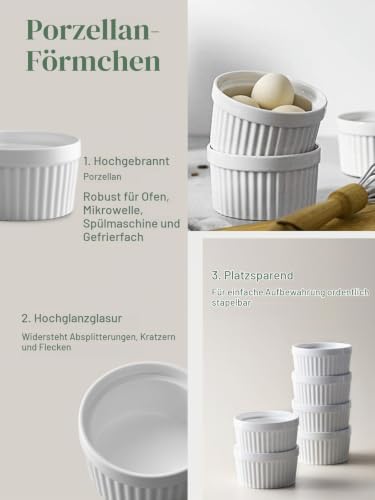 DOWAN Creme Brulee Schälchen Set, 6 X 120ml Antihaft Souffle Förmchen Backofenfest, Porzellan Ramekins für Ragout Fin Schalen… – Ansicht 6