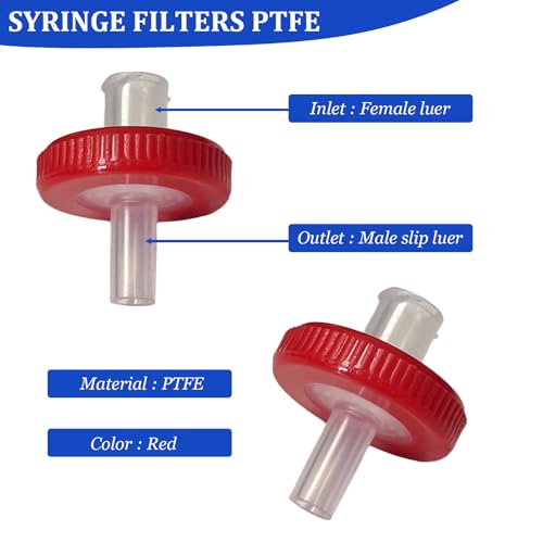 Image of 100 Count Syringe Filter, PTFE 13mm Diameter 0.22um Pore Size (Red) | PTFE Hydrofilic Membrane 13mm Diameter 0.22um Pore Size, Syringe Lab Filters, Non Sterile Filtration (Red)