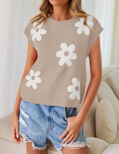 Image of ZESICA Women's Summer Trendy Knit Top 2026 Floral Print Short Sleeve Crewneck Loose Fit Sweater Vest Going Out Clothes