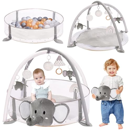 Image of Mallify 5-in-1 XL Large Baby Gym & Ball Pit, Play Mat & Play Gym, Combination Baby Activity Gym with Milestone Cards for Sensory Exploration and Motor Skill Development, Balls are not Included