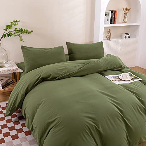 Xinmianfang Olive Green Duvet Cover King Size, 100% Washed Cotton Duvet Cover Set Solid Green Color Bedding Set 3 Pieces With Zipper Closure, 1 Duvet Cover 104X90 Inches And 2 Pillow Shams #TOP2