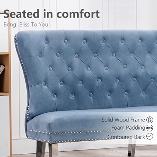 Udax Velvet Bench With Back, Upholstered Armless Couch Settee With Button Tufted Backrest Nailhead Around, Light Blue #TOP4