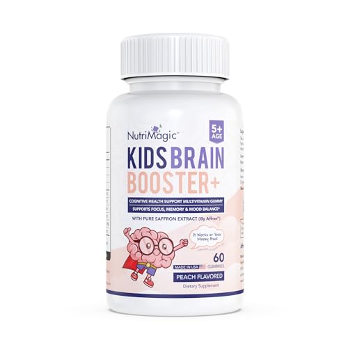 Kids Brain Booster+ Affron® Saffron Extract, 2IN1 Cognitive Support & Multivitamin D3, B6, B12, Zinc Gummies Supplement, Supports Focus, Attention, Memory, Mood Balance - 60 Peach Gumdrop Gummies