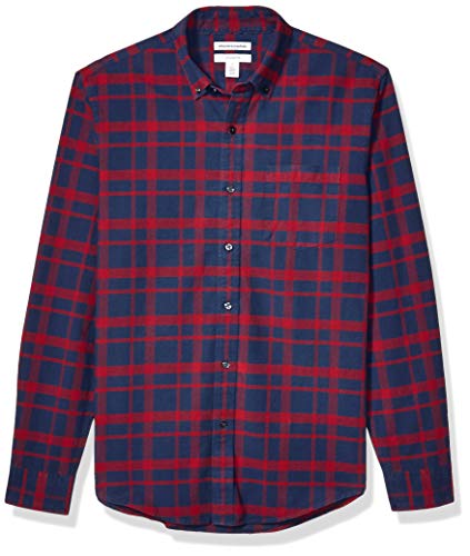 Amazon Essentials Men's Slim-Fit Plaid Long-Sleeve Pocket Oxford Shirt, Navy Windowpane, Medium
