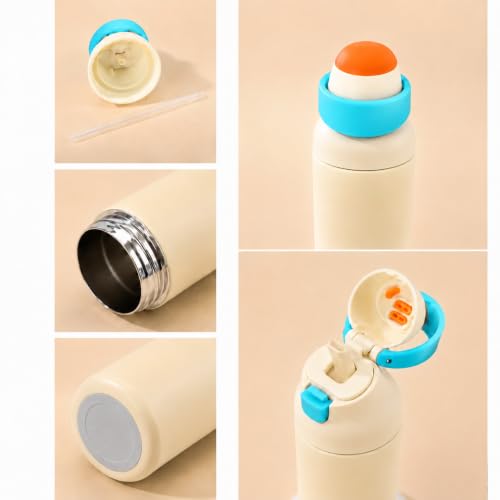 Image of HomeCloud 500ML Stainless Steel Water Bottle for Kids - Double Wall Vacuum Insulated, Leakproof Straw Lid, BPA-Free Reusable Flask with Dual Drinking Spout for School, Travel & Sports (Cream Blue)