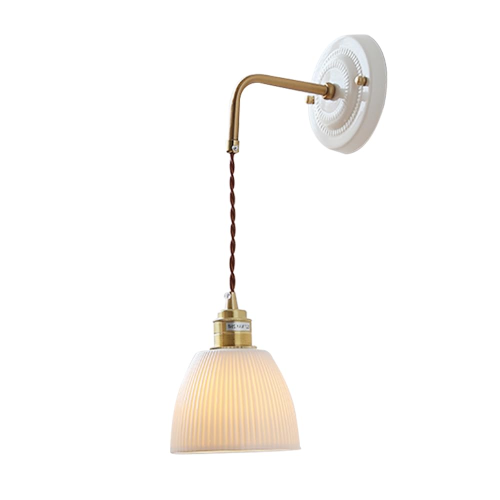 Applique da Parete in Ottone Rustico con Paralume in Ceramica a Righe, Lampada da Parete con Filo Bianco Regolabile in Altezza, Applique da Parete in Ceramica Moderna Vintage, apparecchio di Illu