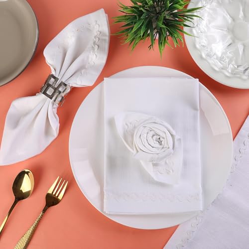 Image of FINGERCRAFT Cloth Napkins Set of 6, 18x18 Inch, 100% Cotton Table Napkins with RIC Rac Scallop Lace Trim, Reusable Washable Dinner Napkins for Wedding, Party, Dining & Home Decor (White)
