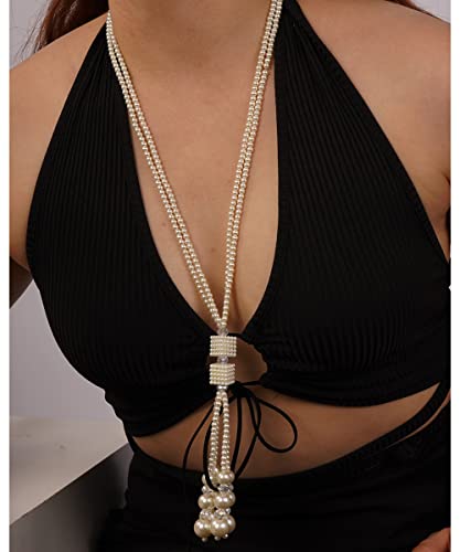 Aimimier Bohemian 2-Strand Faux Pearl Knot Beaded Necklace Long Pearl Crystal Pendant 1920S Flapper Costume Accessories For Women #TOP5